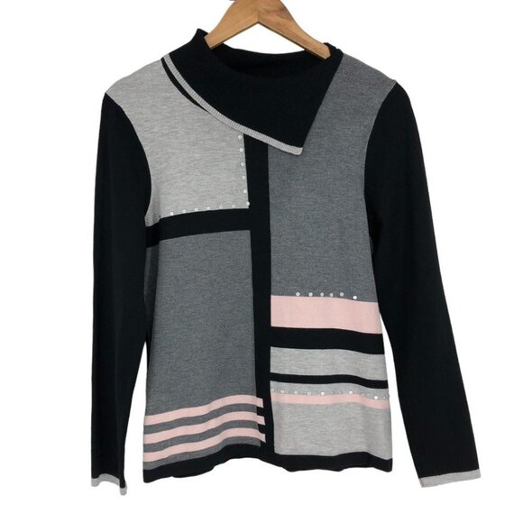 Laura Petites Black Grey Pink colorblock long sleeve Fold-Over Neckline Collar M - Picture 1 of 14